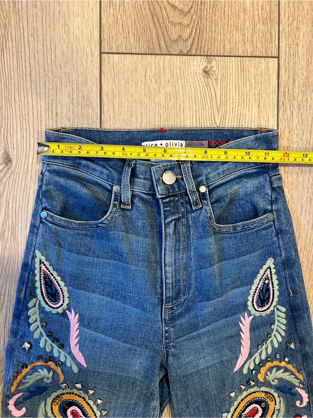Alice + Olivia Denim Flare Jeans with Multicolor Paisley Embroidery - Picture 10 of 16